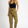 FORE COLLECTION CLOTHING OLIVE PLEATED TIE-BELT TROUSERS