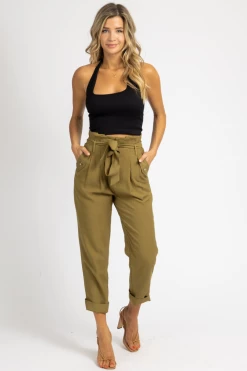 FORE COLLECTION CLOTHING OLIVE PLEATED TIE-BELT TROUSERS