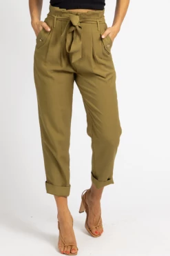 FORE COLLECTION CLOTHING OLIVE PLEATED TIE-BELT TROUSERS