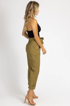 FORE COLLECTION CLOTHING OLIVE PLEATED TIE-BELT TROUSERS