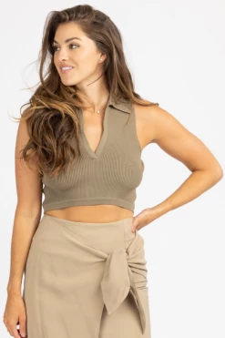 MISS LOVE OLIVE RIBBED COLLARED CROP TANK