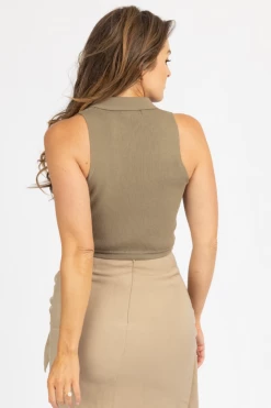 MISS LOVE OLIVE RIBBED COLLARED CROP TANK