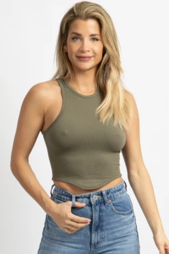 DYNAMIC FASHION NEW ARRIVALS OLIVE CURVED HEM TANK