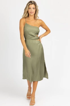ENDLESS BLU OLIVE O-RING SATIN ONE SHOULDER MIDI DRESS