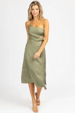 ENDLESS BLU OLIVE O-RING SATIN ONE SHOULDER MIDI DRESS