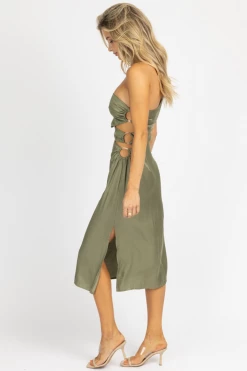 ENDLESS BLU OLIVE O-RING SATIN ONE SHOULDER MIDI DRESS