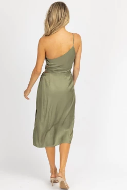 ENDLESS BLU OLIVE O-RING SATIN ONE SHOULDER MIDI DRESS