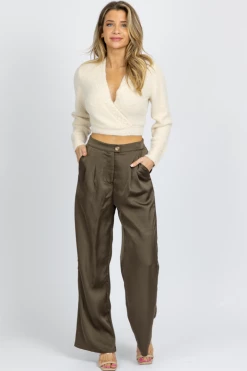 EMORY PARK OLIVE SATIN WIDE LEG PINTUCK PANT NEW ARRIVALS