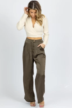 EMORY PARK OLIVE SATIN WIDE LEG PINTUCK PANT NEW ARRIVALS