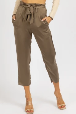 OLIVACEOUS OLIVE SATIN FRONT PLEAT + TIE PANT NEW ARRIVALS