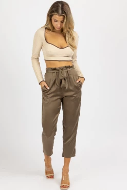 OLIVACEOUS OLIVE SATIN FRONT PLEAT + TIE PANT NEW ARRIVALS