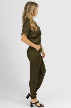 OLIVACEOUS OLIVE SATIN BUTTON UTILITY JUMPSUIT CLOTHING 10 OLIVACEOUS OLIVE SATIN BUTTON UTILITY JUMPSUIT CLOTHING