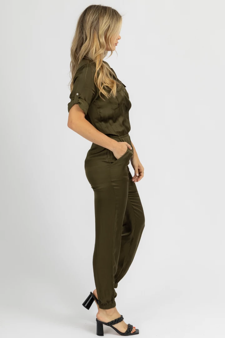 OLIVACEOUS OLIVE SATIN BUTTON UTILITY JUMPSUIT CLOTHING 5 OLIVACEOUS OLIVE SATIN BUTTON UTILITY JUMPSUIT CLOTHING