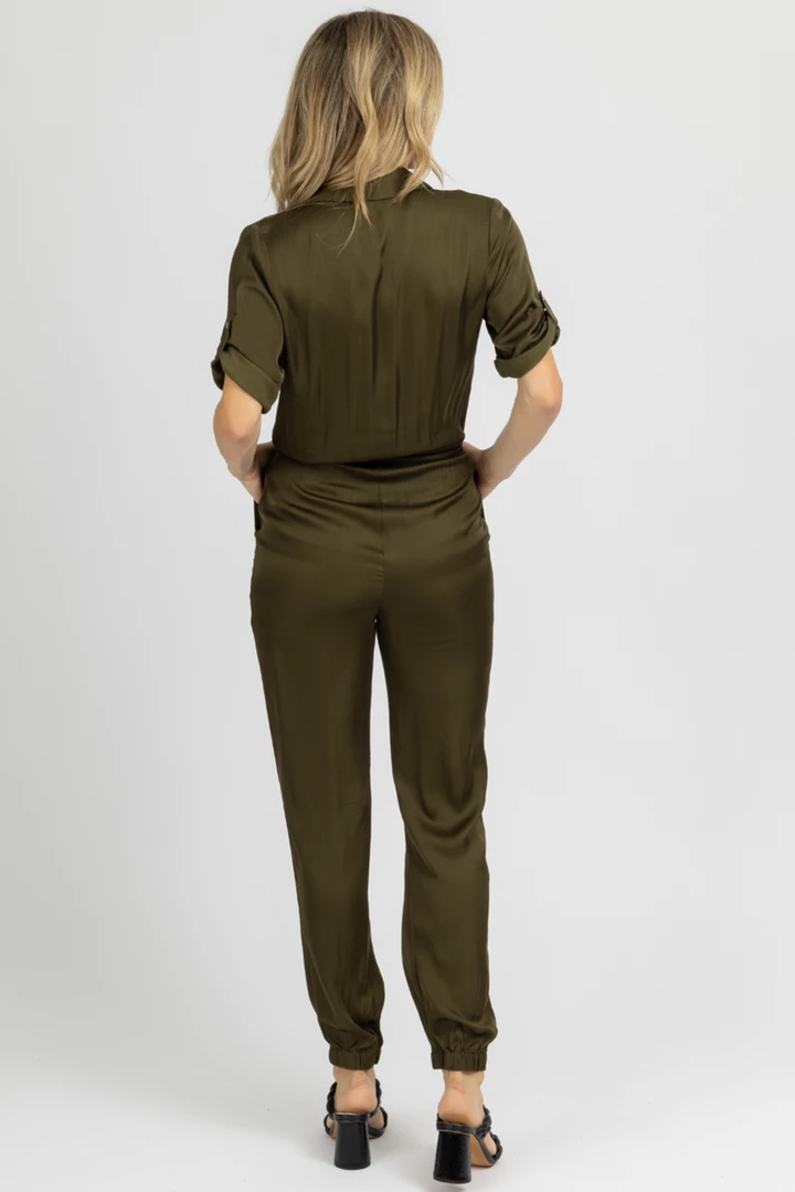OLIVACEOUS OLIVE SATIN BUTTON UTILITY JUMPSUIT CLOTHING 6 OLIVACEOUS OLIVE SATIN BUTTON UTILITY JUMPSUIT CLOTHING