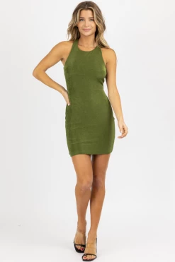LENA OLIVE SLINKY OPEN CROSS-BACK MINI DRESS NEW ARRIVALS