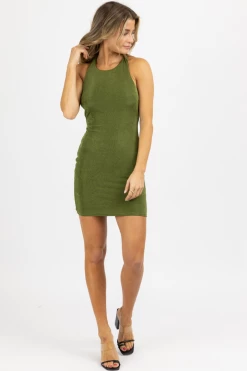 LENA OLIVE SLINKY OPEN CROSS-BACK MINI DRESS NEW ARRIVALS