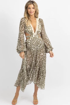 LUXXEL OLIVE + IVORY SPOTTED FRINGE MAXI DRESS *BACK IN STOCK*