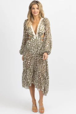 LUXXEL OLIVE + IVORY SPOTTED FRINGE MAXI DRESS *BACK IN STOCK*