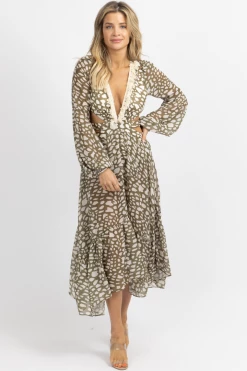 LUXXEL OLIVE + IVORY SPOTTED FRINGE MAXI DRESS *BACK IN STOCK*