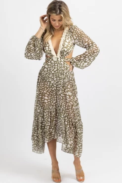 LUXXEL OLIVE + IVORY SPOTTED FRINGE MAXI DRESS *BACK IN STOCK*