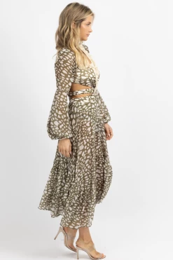 LUXXEL OLIVE + IVORY SPOTTED FRINGE MAXI DRESS *BACK IN STOCK*