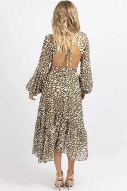 LUXXEL OLIVE + IVORY SPOTTED FRINGE MAXI DRESS *BACK IN STOCK*
