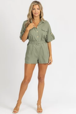 MABLE CLOTHING OLIVE SQUARE BELT WOVEN ROMPER