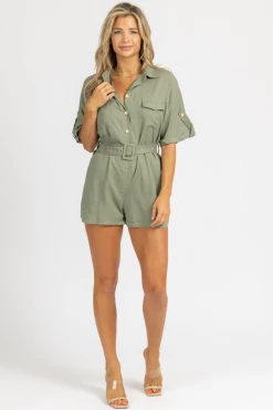 MABLE CLOTHING OLIVE SQUARE BELT WOVEN ROMPER