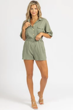 MABLE CLOTHING OLIVE SQUARE BELT WOVEN ROMPER