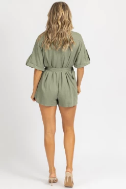 MABLE CLOTHING OLIVE SQUARE BELT WOVEN ROMPER