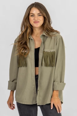 LEMON TREE OLIVE STUDDED FRINGE POCKET JACKET CLOTHING