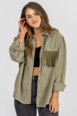 LEMON TREE OLIVE STUDDED FRINGE POCKET JACKET CLOTHING