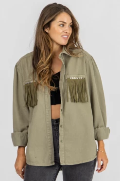 LEMON TREE OLIVE STUDDED FRINGE POCKET JACKET CLOTHING