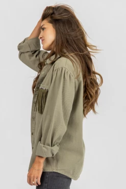 LEMON TREE OLIVE STUDDED FRINGE POCKET JACKET CLOTHING