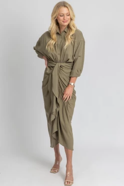 MABLE NEW ARRIVALS OLIVE TENCEL BUTTON DOWN SHIRT DRESS