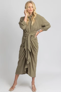 MABLE NEW ARRIVALS OLIVE TENCEL BUTTON DOWN SHIRT DRESS