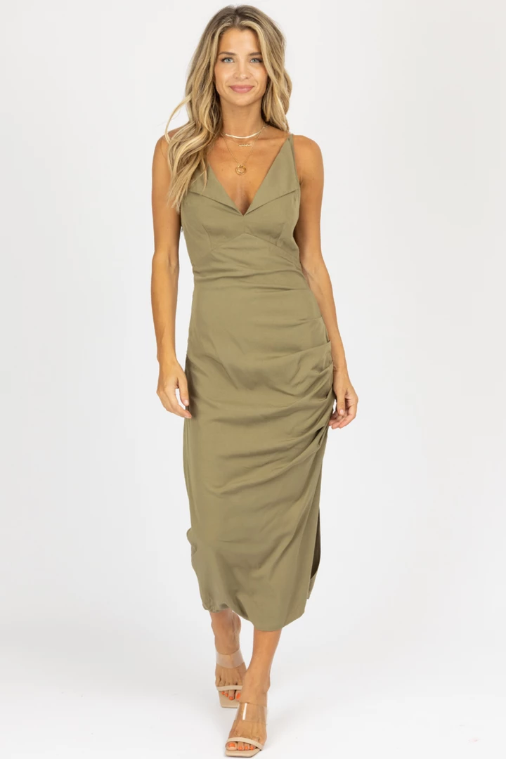 MABLE NEW ARRIVALS OLIVE SLEEVELESS V-NECK SHIRRED SIDE MAXI 4 MABLE NEW ARRIVALS OLIVE SLEEVELESS V-NECK SHIRRED SIDE MAXI