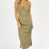 MABLE NEW ARRIVALS OLIVE SLEEVELESS V-NECK SHIRRED SIDE MAXI