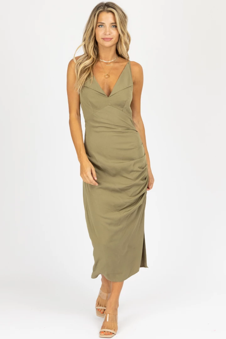 MABLE NEW ARRIVALS OLIVE SLEEVELESS V-NECK SHIRRED SIDE MAXI 1 MABLE NEW ARRIVALS OLIVE SLEEVELESS V-NECK SHIRRED SIDE MAXI