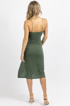 LOVELY DAY OLIVE GREEN V-NECK SIDE SLIT MIDI DRESS