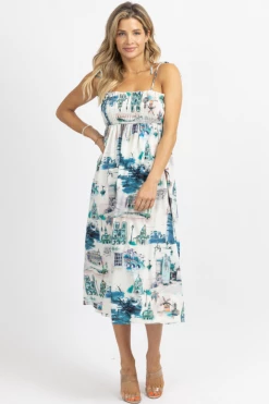 SUNDAY UP NEW ARRIVALS ON HOLIDAY TIE STRAP SMOCKED MIDI DRESS