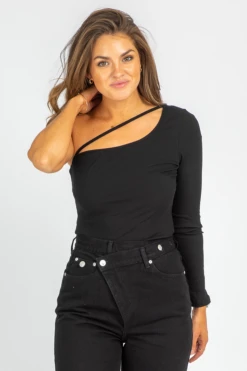TREND SHOP ONE SLEEVE STRAP DETAIL BODYSUIT CLOTHING