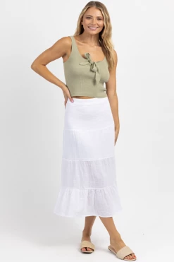 OLIVACEOUS OPTIC WHITE GAUZE TIERED MIDI SKIRT