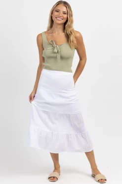 OLIVACEOUS OPTIC WHITE GAUZE TIERED MIDI SKIRT