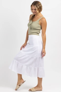 OLIVACEOUS OPTIC WHITE GAUZE TIERED MIDI SKIRT
