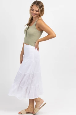 OLIVACEOUS OPTIC WHITE GAUZE TIERED MIDI SKIRT