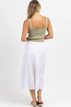 OLIVACEOUS OPTIC WHITE GAUZE TIERED MIDI SKIRT
