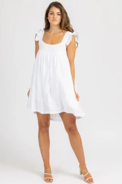 OLIVACEOUS CLOTHING OPTIC WHITE LINEN RUFFLE STRAP MINI DRESS