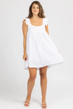 OLIVACEOUS CLOTHING OPTIC WHITE LINEN RUFFLE STRAP MINI DRESS