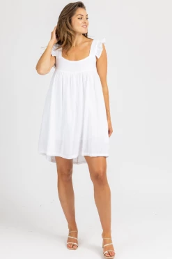 OLIVACEOUS CLOTHING OPTIC WHITE LINEN RUFFLE STRAP MINI DRESS